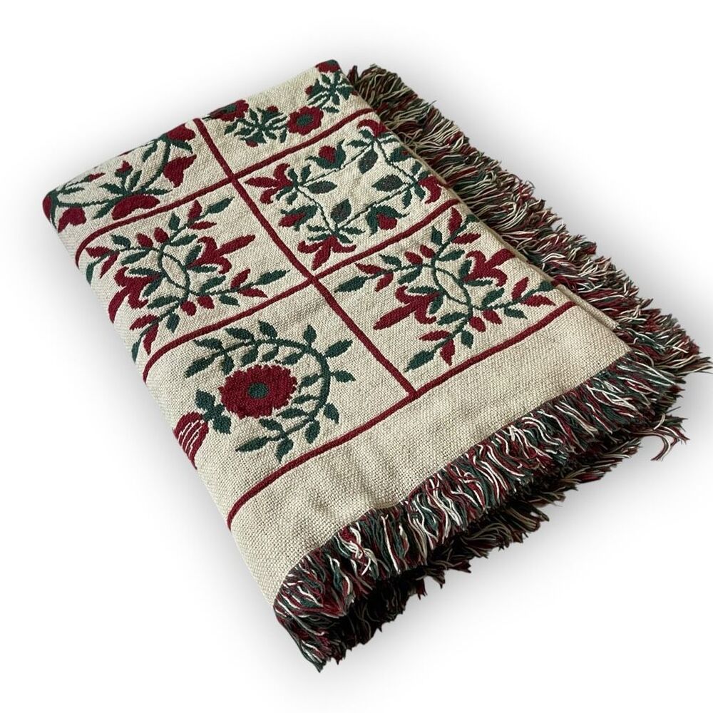 Throw Blanket Tapestry Floral Hearts Reversible Cotton Fringe Bloomcore 43x66